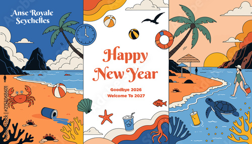 Tropical Beach New Year Celebration, Seychelles Islands, Paradise Vacation, Summer Vibes, Illustration