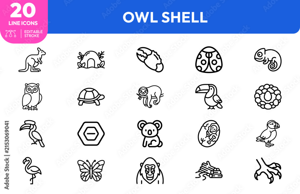 Naklejka premium Nature wildlife set. kangaroo, chameleon, ladybug, toucan, koala, hedgehog, owl, turtle, sloth, butterfly, puffin. Editable stroke. Vector illustration.