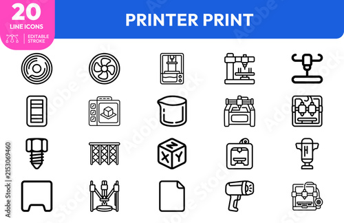 Manufacturing Equipment set. printer, drill press, milling machine, lathe, injection molder, fan, gauge, screw, workshop tools. Editable stroke. Vector illustration.