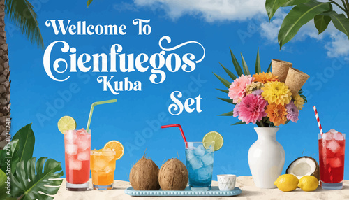 tropical cocktails and coconuts on a beach table