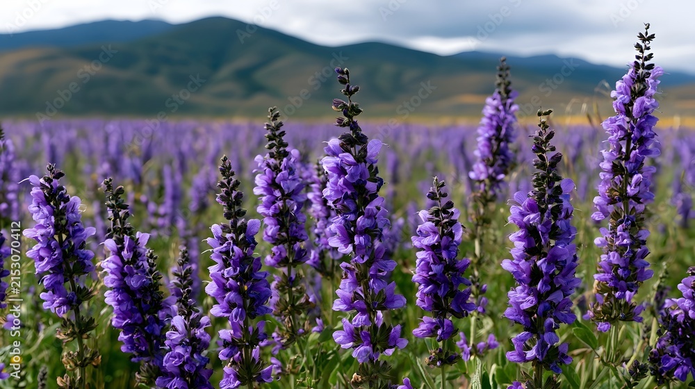 Obraz premium A field of purple sage flowers swaying gently under a cloudy sky with rolling green hills in the distance