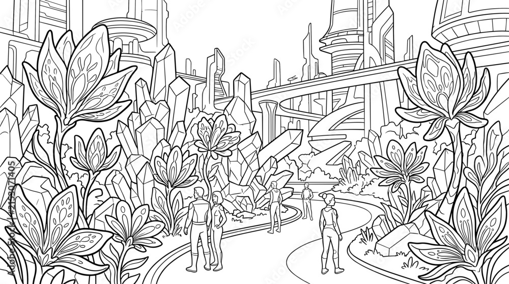 Obraz premium Futuristic alien garden with crystalline structures and exotic flora, people exploring a science fiction landscape