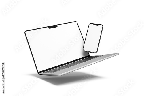 Floating laptop and smartphone mockup with blank white screens isolated on transparent background.