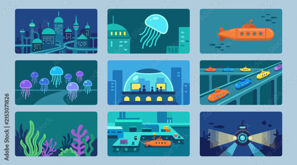 Fototapeta premium Underwater cityscapes with futuristic buildings, submarines, and marine life, flat design vector collection