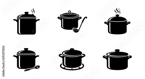 Cooking Pots Set, Kitchenware Icons, Culinary Equipment, Food Preparation Vector Graphics