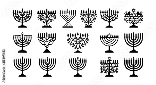 Set of 15 Hanukkah Menorah Vector Icons, Jewish Holiday Candle Holders, Traditional Symbols
