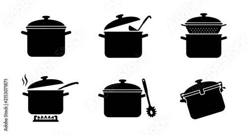 Cooking Pot Icons Set, Kitchenware Vector Graphics, Culinary Equipment Silhouettes, Food Preparation Symbols