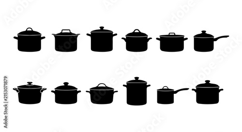 Black Silhouette Cookware Set, Kitchen Pots and Pans Collection, Cooking Vessels Vector Icons