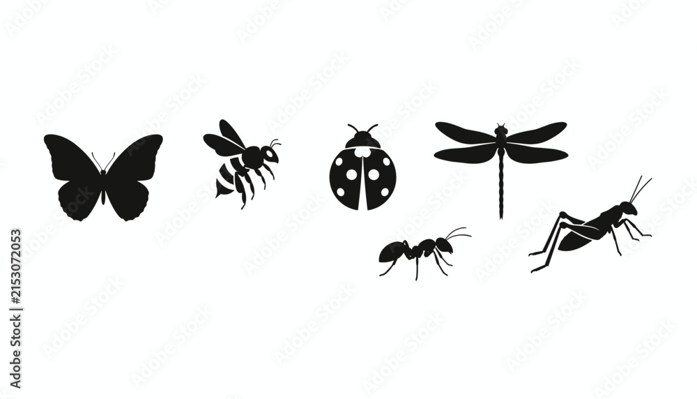 Fototapeta premium Insects collection featuring silhouettes of a butterfly, bee, ladybug, dragonfly, ant, and grasshopper on white background.