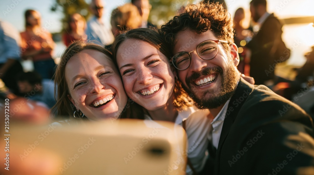 Fototapeta premium Three happy young friends taking a selfie together outdoors at sunset