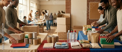 Diverse group of volunteers packing food and supplies for charity