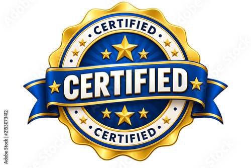 Gold and Blue Certified Badge with Stars and Ribbon – Abstract, Digital, Badge, Seal, Symbol, Design, Quality, Award, Label, Icon, Recognition, PNG, Transparent Background