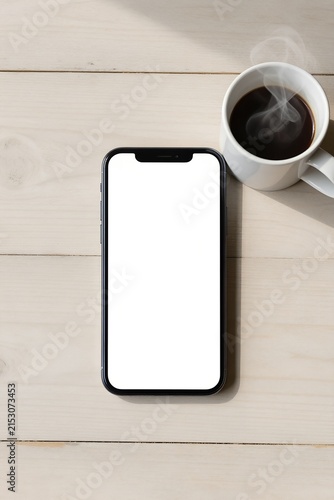 Rustic Wood Table Smartphone Mockup with Coffee & Copy Space
