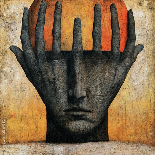 Human face covered by hands with sun behind