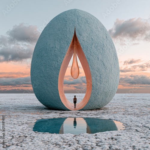 Person standing inside a giant egg sculpture with droplet