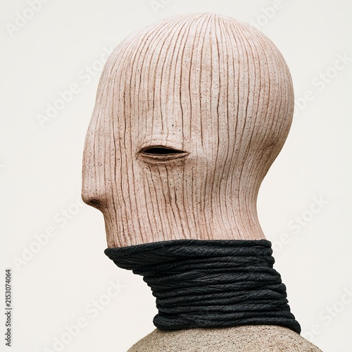 Abstract ceramic bust with textured surface and black neck wrap