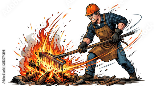 Blacksmith working with fire and rake, blacksmithing, forging, heat, industry concept