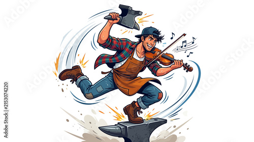 Blacksmith Musician Playing Violin While Swinging Hammer on Anvil