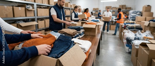 Diverse Volunteers Packing Clothing Boxes in Warehouse for Charity Relief