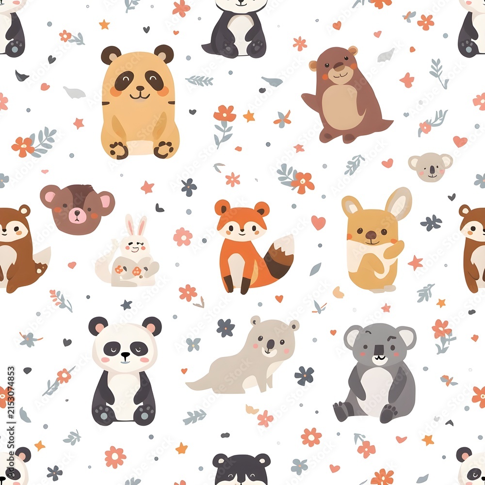 Fototapeta premium Cute Cartoon Woodland Animals Seamless Pattern Design