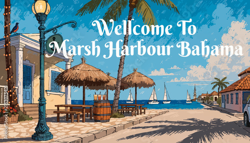 Tropical Island Town Scene: Marsh Harbour, Bahamas with Sailboats and Palm Trees