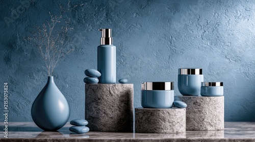 Serene blue cosmetic bottles and jars arranged artistically
