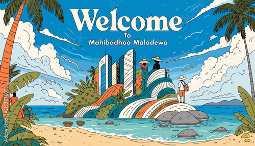 Tropical island paradise welcome banner with beach, palm trees, city skyline, and tourists