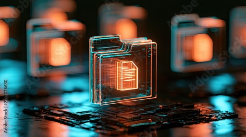 Glowing digital data folders with futuristic tech elements and circuitry