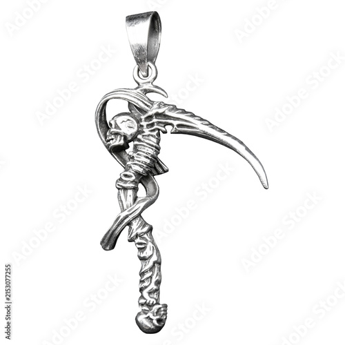 925 sterling silver pendant depicting the Grim Reaper with a scythe and skulls in dark occult symbolism. Ideal as a mockup for designers, gothic jewelry concepts and product presentations.