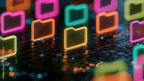 Glowing digital folders represent organized data storage and management
