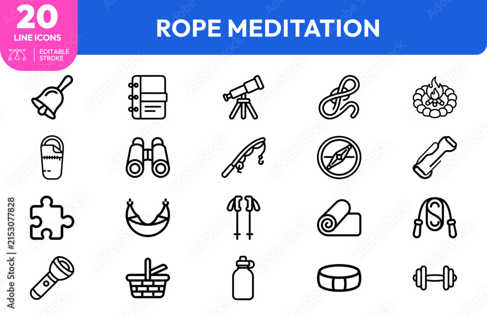Fototapeta premium Outdoor mfulness set. rope, telescope, lantern, binoculars, compass, campfire, backpack, water bottle, flashlight, hiking boots. Editable stroke. Vector illustration.