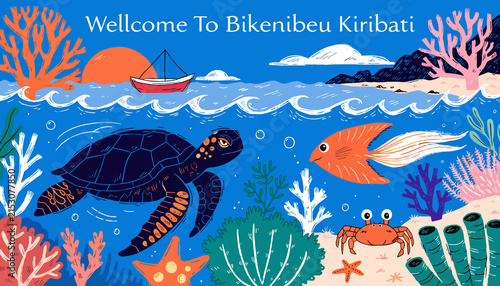 Tropical Island Welcome Scene: Turtle, Fish, Crab, Coral Reef, Sailboat, Ocean Waves, Sunset, Clouds, Kiribati