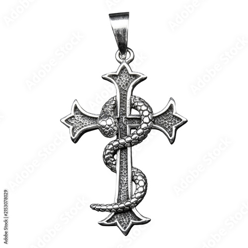 925 sterling silver cross pendant featuring a detailed snake wrapped around the cross in a symbolic gothic design. Ideal as a mockup for designers, jewelry concepts and product presentations