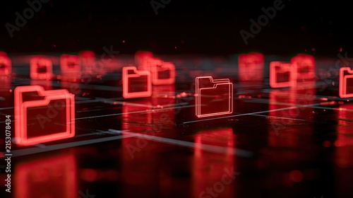 Red digital folders glowing on a dark, reflective grid