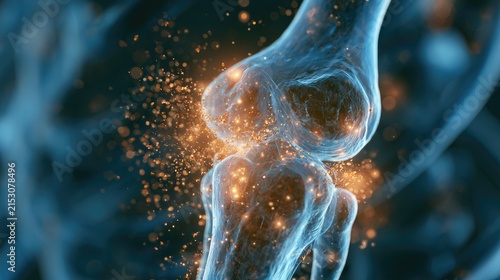 Close-up of glowing knee joint with particles suggesting inflammation or healing