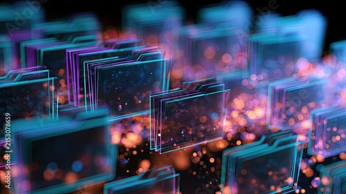 Abstract digital folders glowing with data particles, blue, purple, orange hues