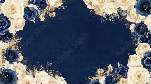 Elegant navy blue background with a floral border of cream and blue roses