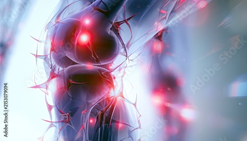 3D rendering of a glowing blue joint with red pain points and spikes