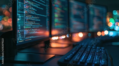Multiple glowing computer screens display lines of code in a dark room