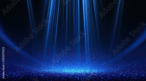 Ethereal blue light beams illuminate a sparkling, reflective dark surface