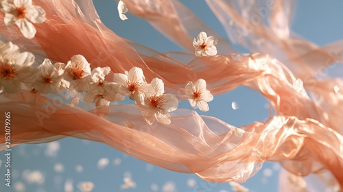 Delicate peach fabric and white blossoms drift on a light blue, airy backdrop