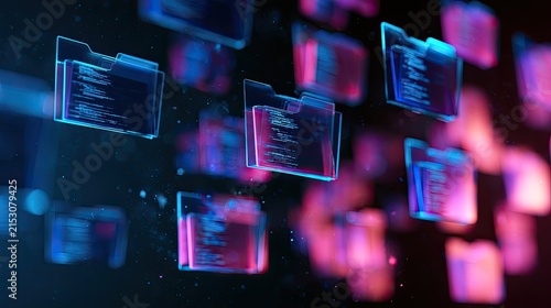 Digital data folders with glowing code snippets float in abstract, dark space