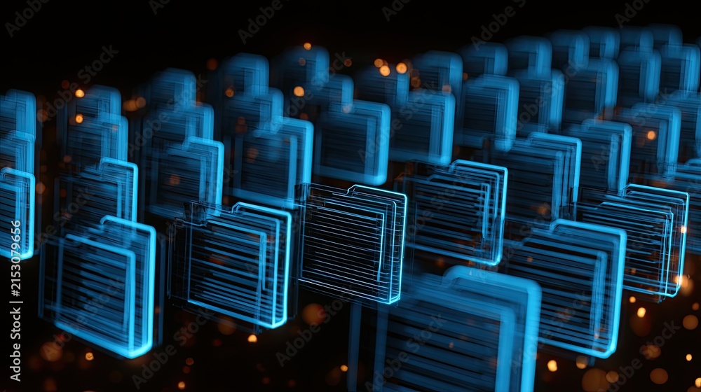 Fototapeta premium Rows of glowing blue digital folders, data organization concept