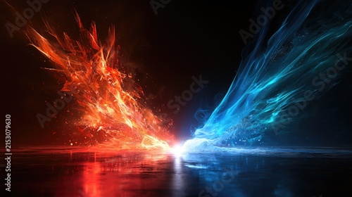 Vibrant fiery red and cool blue energy bursts clash dramatically