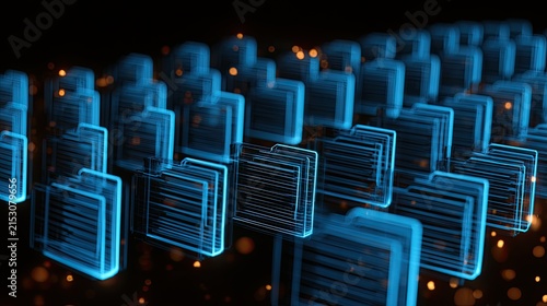 Rows of glowing blue digital folders, data organization concept