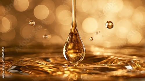 Golden liquid drop falling into shimmering surface, bokeh background