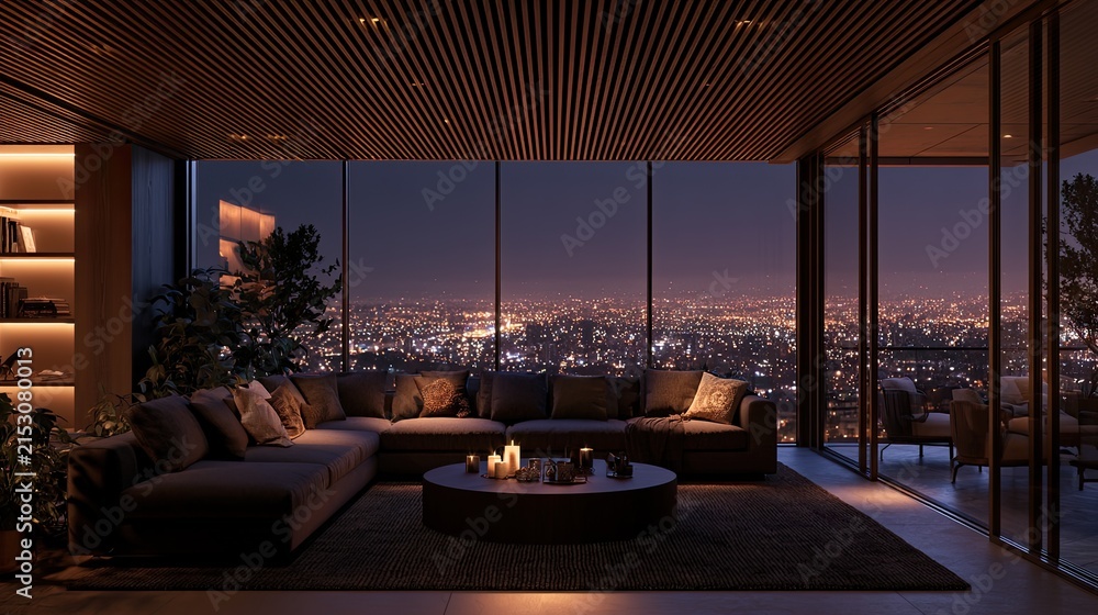 Fototapeta premium Cozy modern living room with city lights view at night (1)
