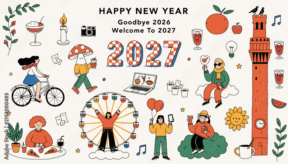 Fototapeta premium Happy New Year 2027 Celebration Doodle Art: Festive Elements, People, and Festive Objects on Cream Background