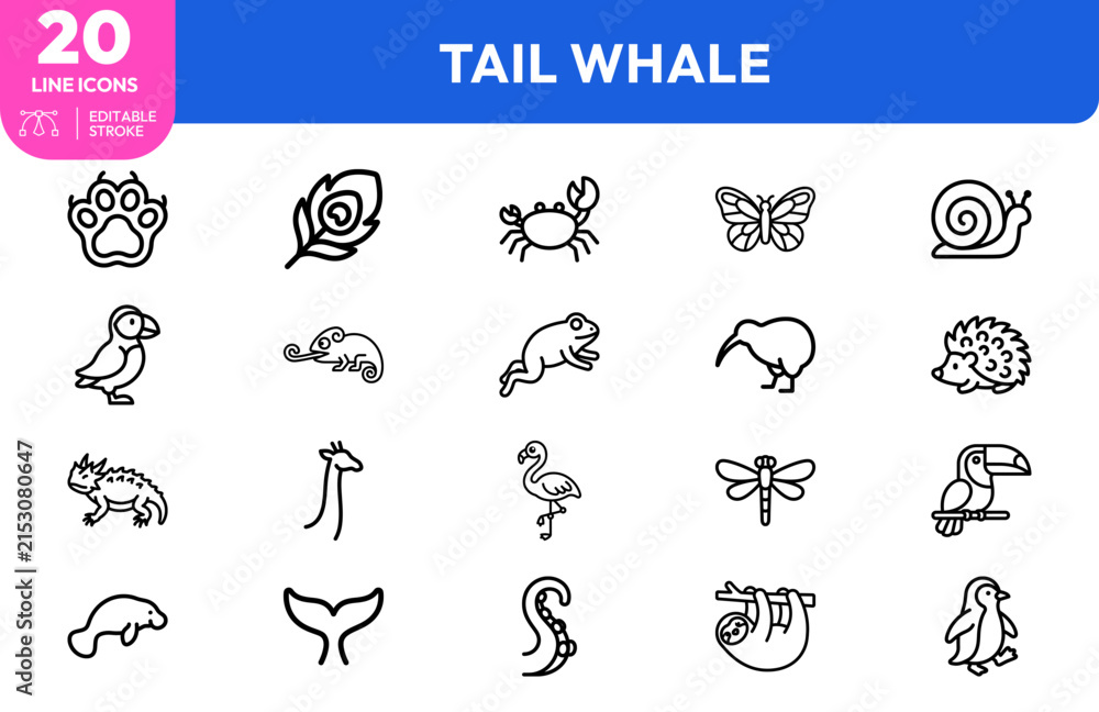 Obraz premium Nature creature set. Frog, butterfly, crab, snail, kiwi, hedgehog, and more. Editable stroke. Vector illustration.