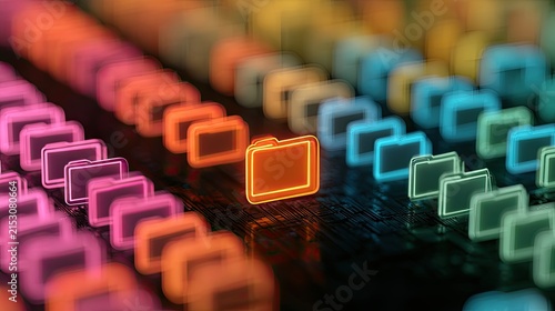 Luminous, colorful digital folders glowing in a matrix of data